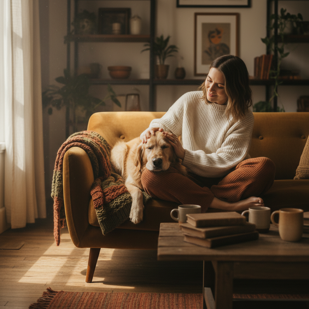 Person and dog sharing a calm moment on the couch — how dogs support mental health, depression and anxiety relief with BrittPug & Co.