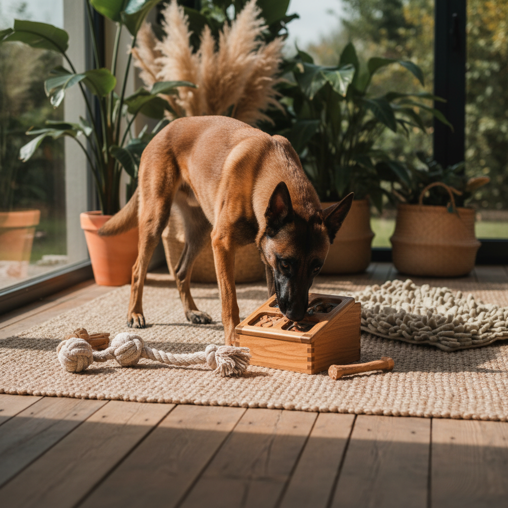 Belgian Malinois dog enrichment activity — puzzle feeder and mental stimulation tips from BrittPug & Co.