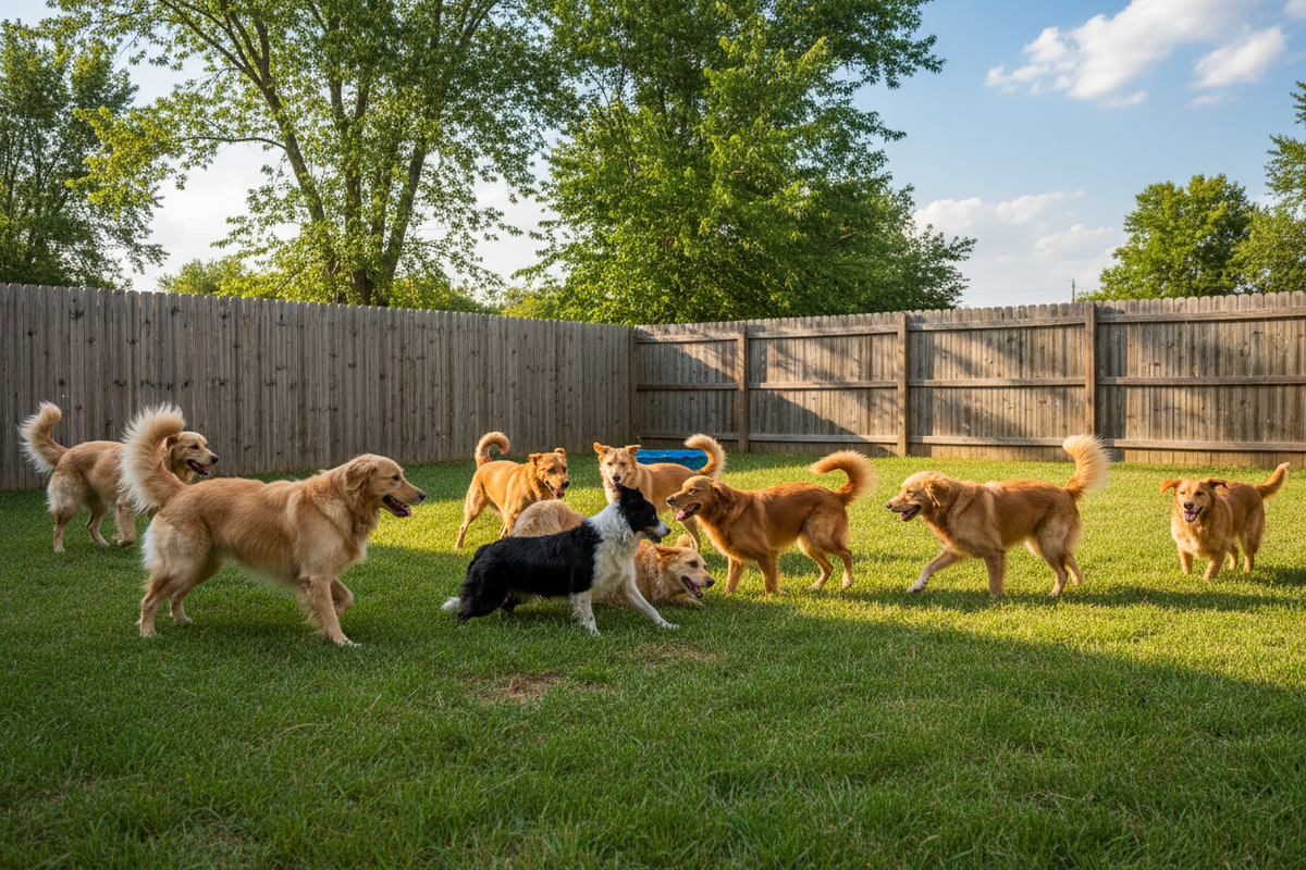 Dogs playing in backyard with wood fence