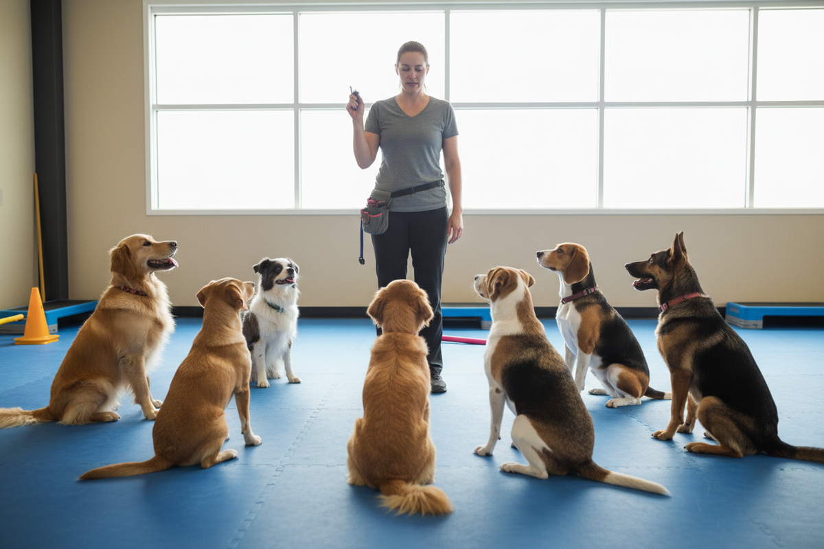 Woman training a group of dogs in an indoor setting with large windows.